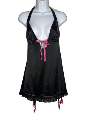 Fredericks Hollywood Peekaboo Halter Chemise Size M Black Pink Satin Garters
